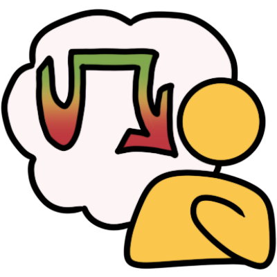  a yellow figure with a hand on its chest, with a big thought cloud behind them. in the thought cloud is a glyph, showing a dip that regains height, a straight line from the end of the dip, and the line then descending again, ending in an arrow pointing downwards. it's colored in a gradient - green at the top, red at the bottom, and yellow in the middle.